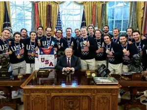 NO FRAME - Trump - Team USA Hockey Golden Goal Poster, USA MEN _ WOMENS HOCKEY TEAM Sports Decor, Fan Gift Scene Art (No Frame)