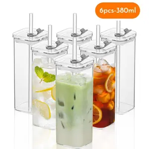 6/8pcs Square Glass Cups with Lids 17oz Perfect Coffee Cups Include Straws Gift for Cup Collectors Great for Office Home School Outdoor Use Weddings BPA-Free Drinkware