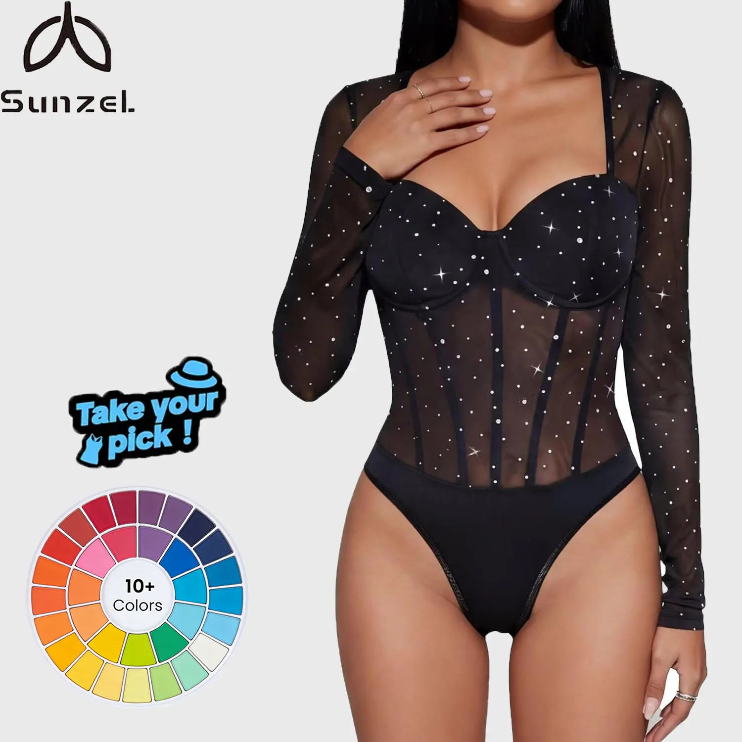 Summervibes[Limited Stock] Sunzel Mesh Bodysuits for Women Long Sleeve Sparkle Going Out Leotard Sheer Tops Rave Outfits Body Suit with Snap Crotch summerwins