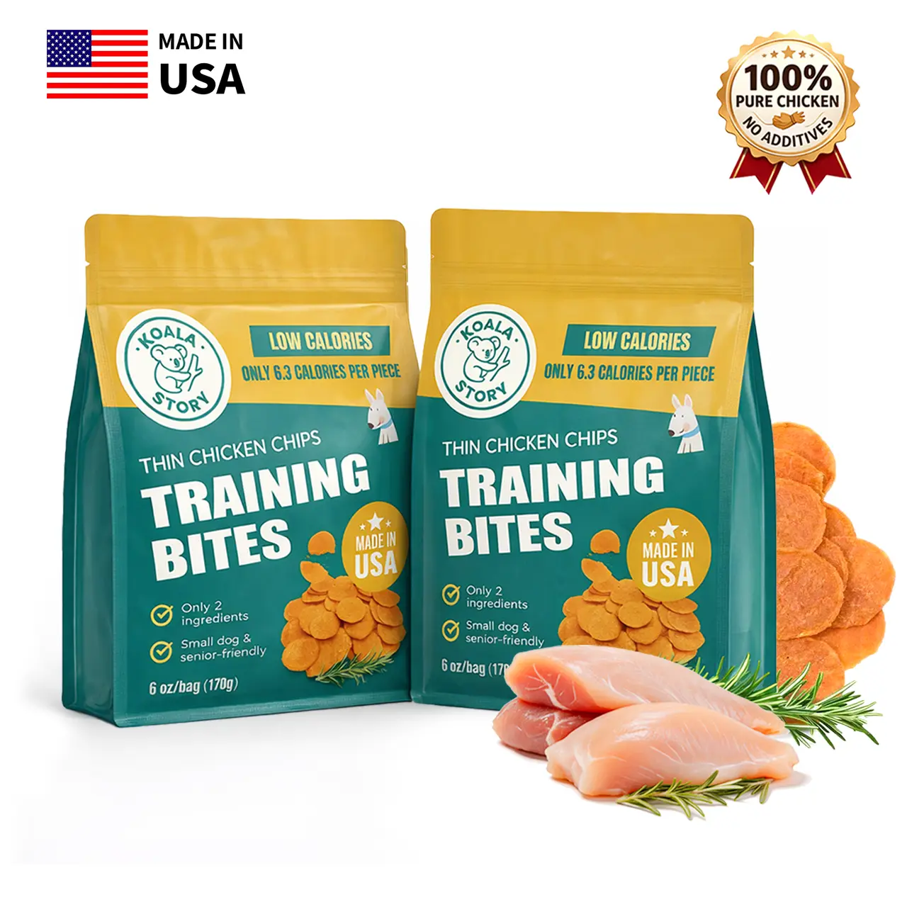KOALA STORY Premium High Protein Chicken Training Chips for Dogs - 100% Pure Chicken, 70% Protein, Gently Air-Dried, Low-Calorie, Diabetic-Friendly, All-Natural, Made in USA (2 Bags), High Protein Treats