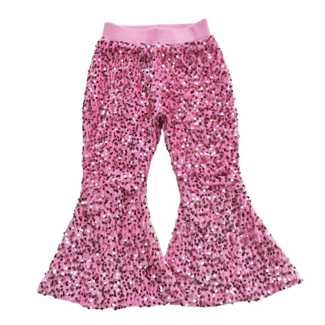 Girls' Sequin Pants, Sparkly Pink Bell Bottom Trousers, Casual Chic All-Seasons Statement Bottoms for Kids, Casual Chic Bottoms