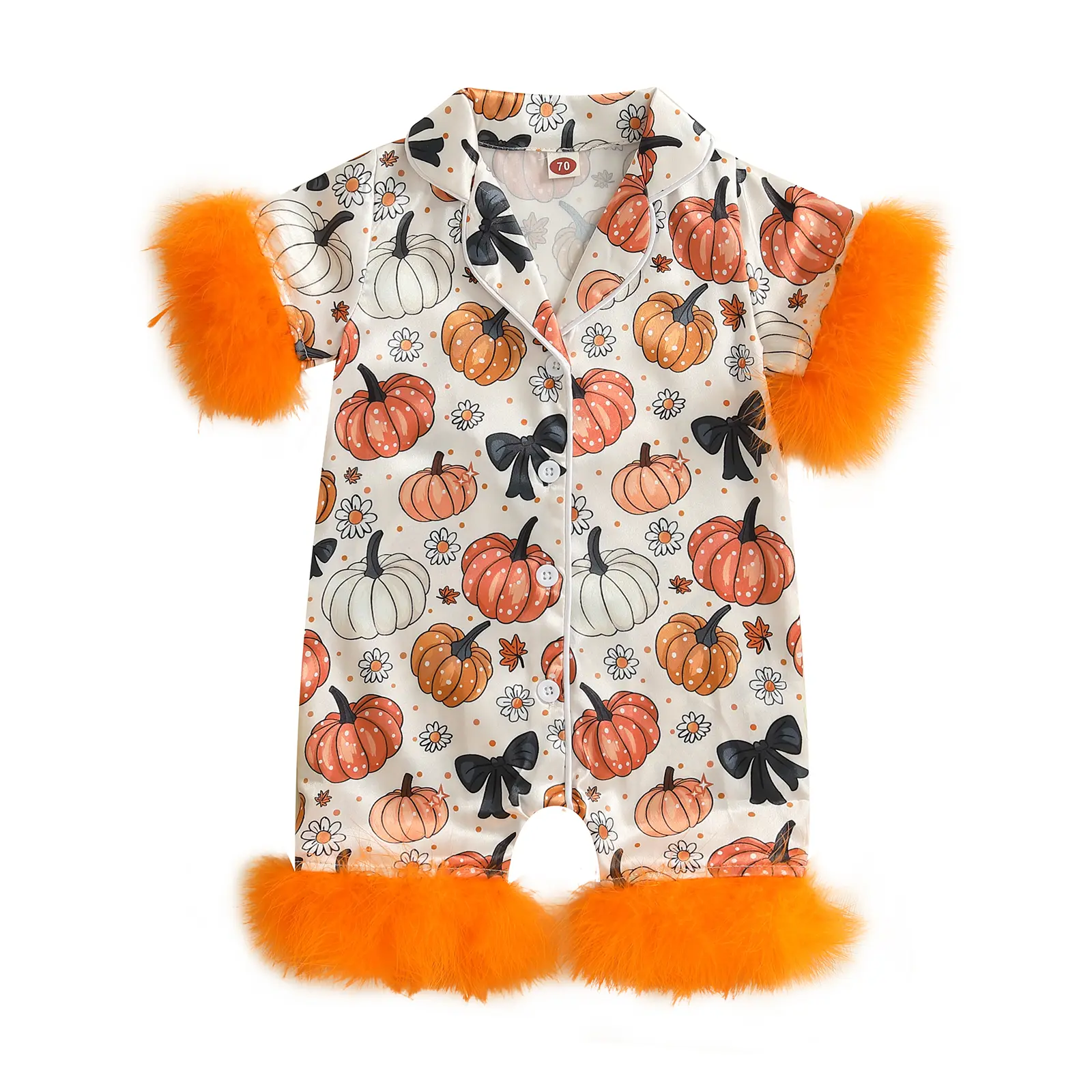 REDWOON Baby Girl Halloween Pajamas Satin Silk Pumpkin Feather Trim Romper Jumpsuit Toddler Bottom Down Pjs Sleepwear Nightgown Outfit