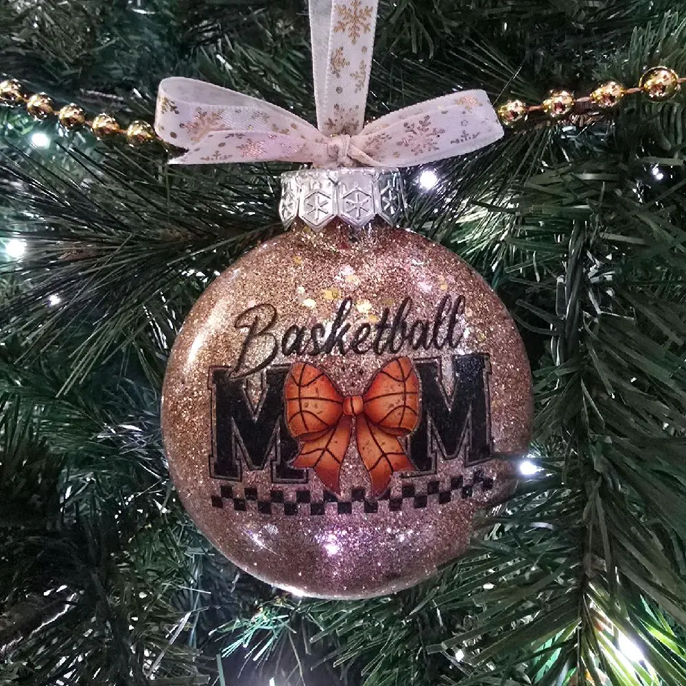 Basketball Mom Glitter Christmas Ornament with Bow and Basketball Design for Festive Decor