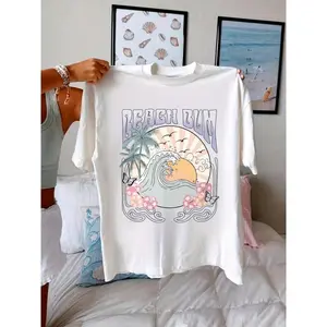Beach Bum Sunset Wave Graphic Tee For Women Oversized Crewneck Short Sleeve Soft Cotton Summer Vacation Beach Outfit Casual Streetwear Top