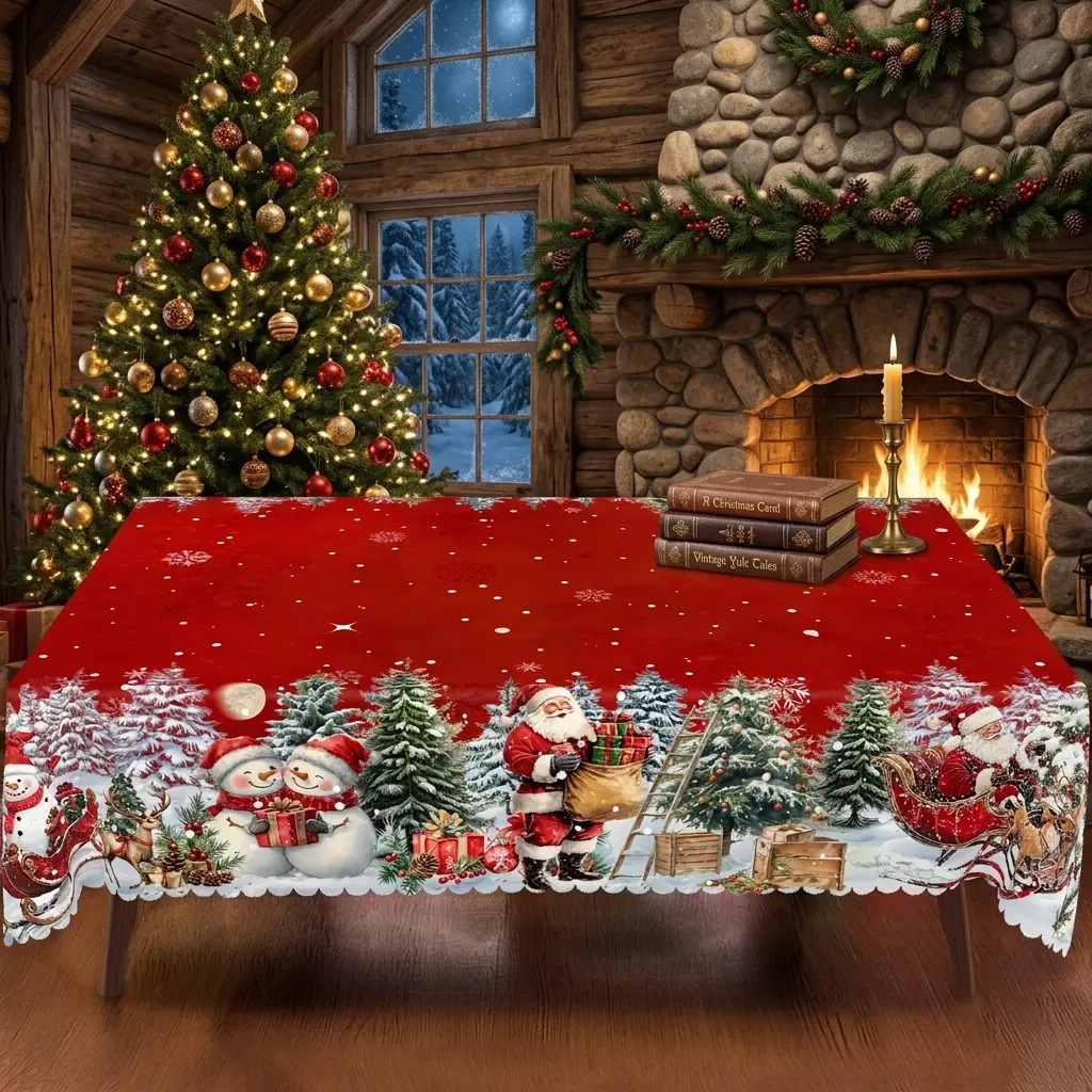Christmas Holiday Tablecloth, Retro Santa Snowman & Reindeer Sleigh Pattern, Red Snowflake Background, White Scalloped Trim, Rectangular Round Table Cover for Xmas Party Home Decoration, Christmas Gift