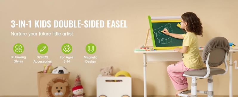 SucceBuy Children Magnetic Drawing Board 3-in-1 Double-Sided Wooden Kids Art Easel with Painting Accessories for Boys Girls Toys