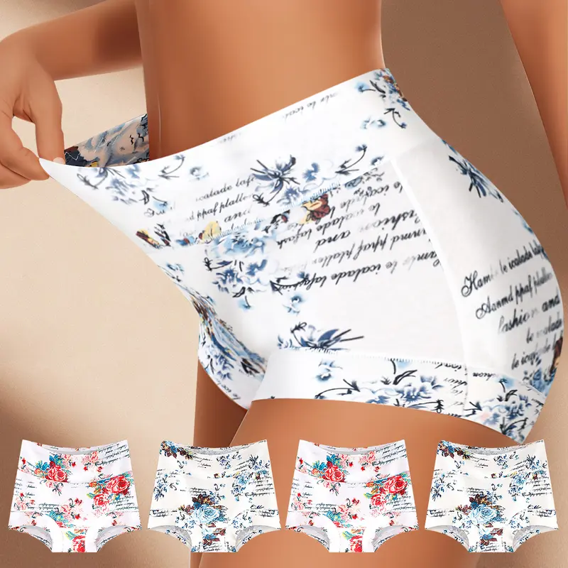 QUASTI 4-Piece Women's Fashion Panties - Soft, Breathable, Skin-Friendly Fabrics, Multi-Color Pattern Design, Comfortable, Versatile, Elegant, Suitable for Various Occasions Womenswear Floral