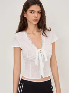 Cotton-blend V-neck English Embroidery Bowknot Blouse  - CIDER