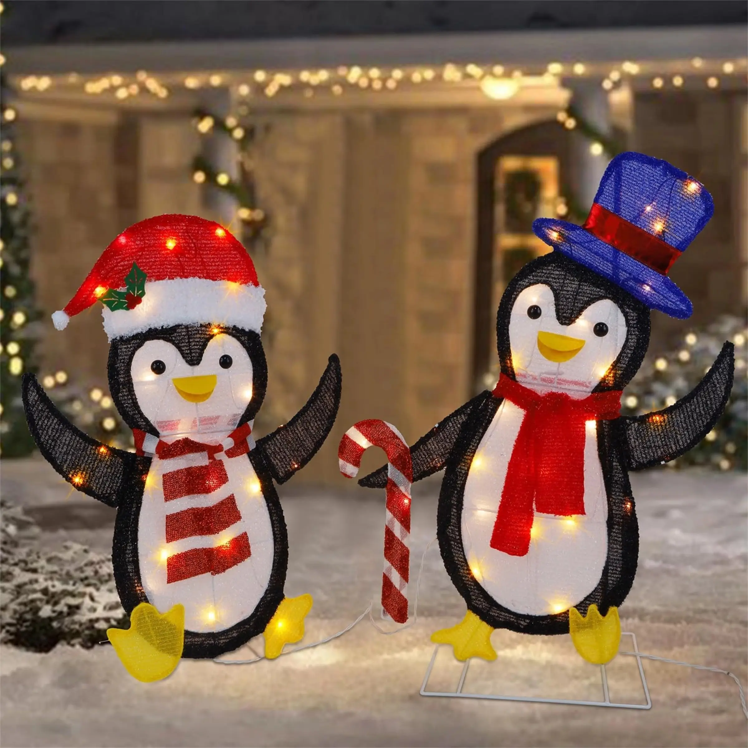 2 Luminous Metal Cute Christmas Penguins - Warm Light, Battery Box-Powered (Batteries Not Included, Without Plug), Red-Blue Hats, Candy Cane-Holding, Foldable for Easy Storage, Suitable for Indoor-Outdoor Porch/Balcony Tree Display