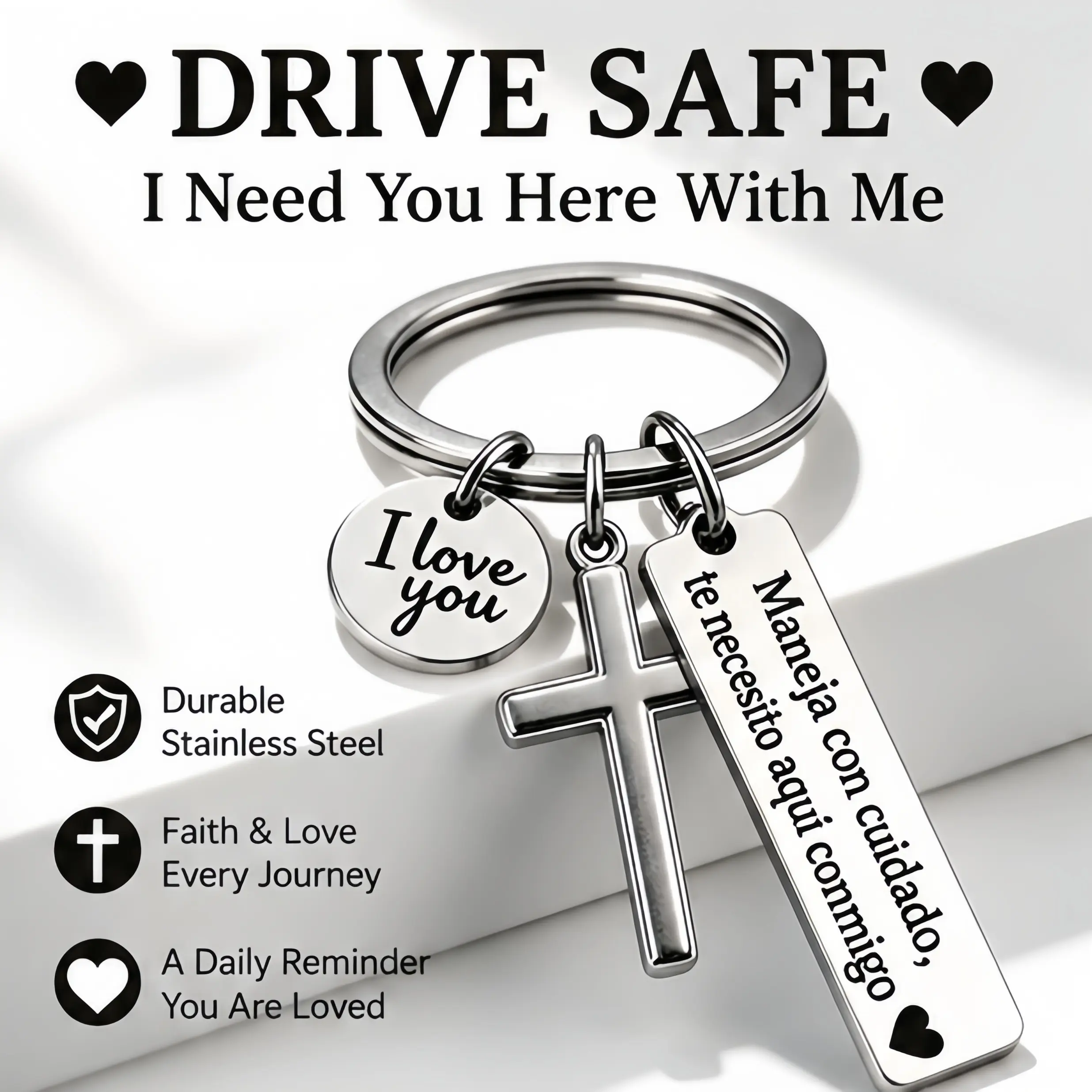 Maneja Con Cuidado Te Necesito Aquí Conmigo Keychain with Cross & "I Love You" Charm, Spanish Drive Safe Stainless Steel Keyring, Romantic Religious Gift for Him/Her Adjustable Heart Rate Couples Bracelet Set Rotating Retractable Reading Badge Holder, Key