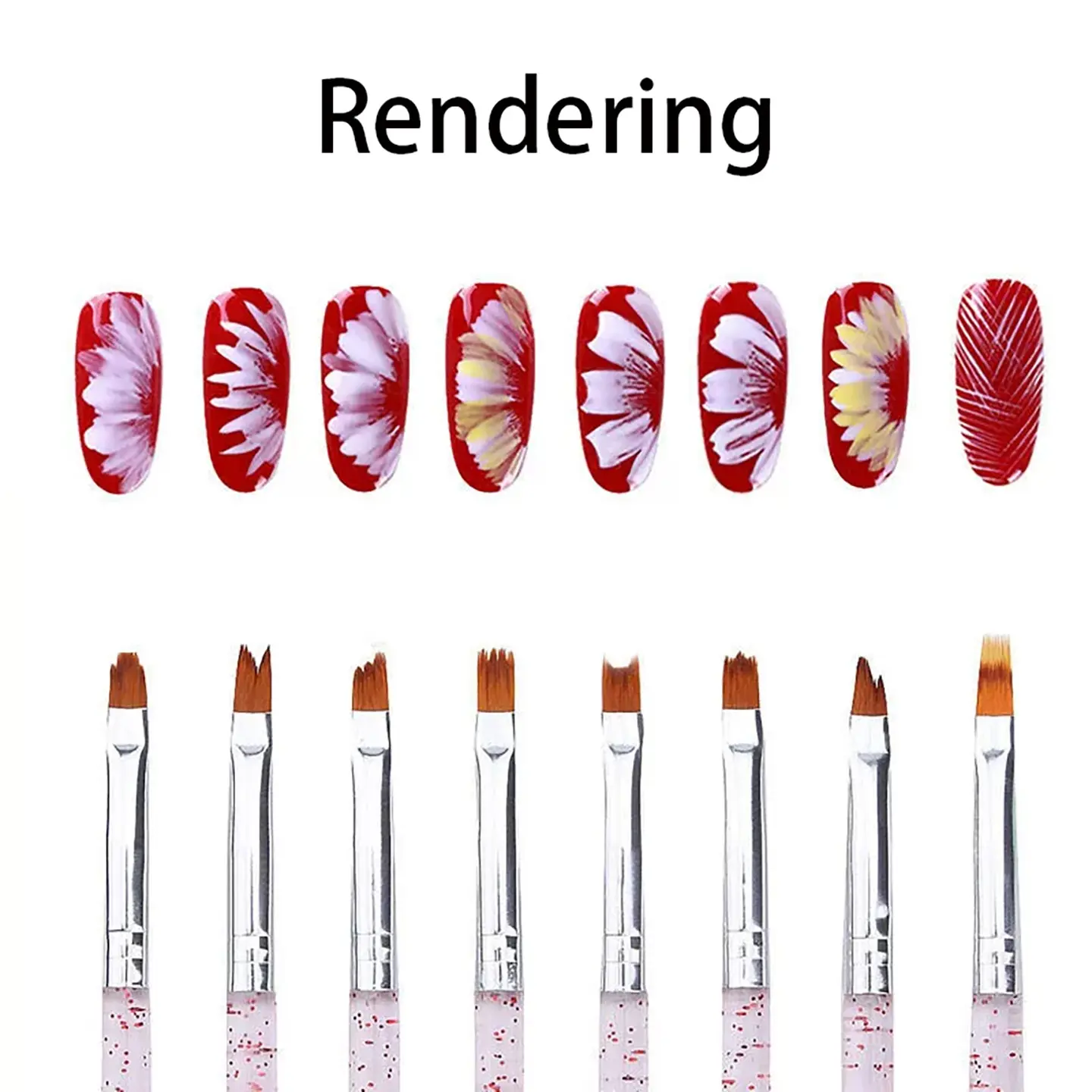 Glitter Handle 8pcs Nail Art Floral Brush Set, Dual Pressure Secure Interface, Soft Durable Brushes for One Stroke Flower & Gradient Manicure Nail Art, Flower Design Nails, Nail Art Accessories