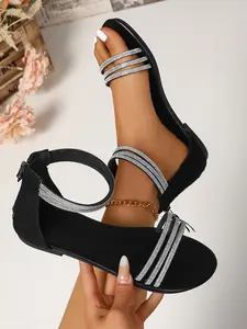 Must-Have Summer 2026 Rhinestone Sandals, Women's Flat Back Zip Roman Shoes, Trendy One-Strap Open-Toe Footwear for Outdoors
