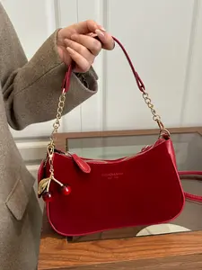 New Fashion Classic Versatile Shoulder Bag, Crossbody Bag with Cherry Charm, Print Design Metal Chain, French Long Bag for Women, Fashionable Casual Bag