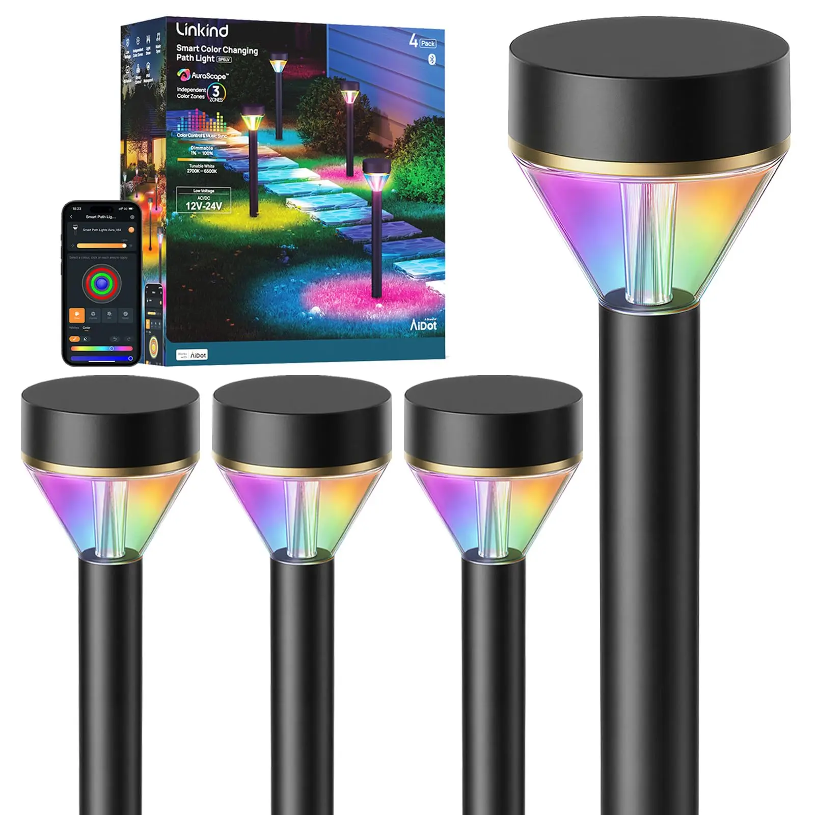 Linkind Smart Landscape Path Lights SP6LV, 510LM Multi-Zone Low-Voltage Pathway Lights AC/DC 12-24V, App & Voice Controlled Color-Changing Landscape Lighting for Garden, Walkway, Driveway