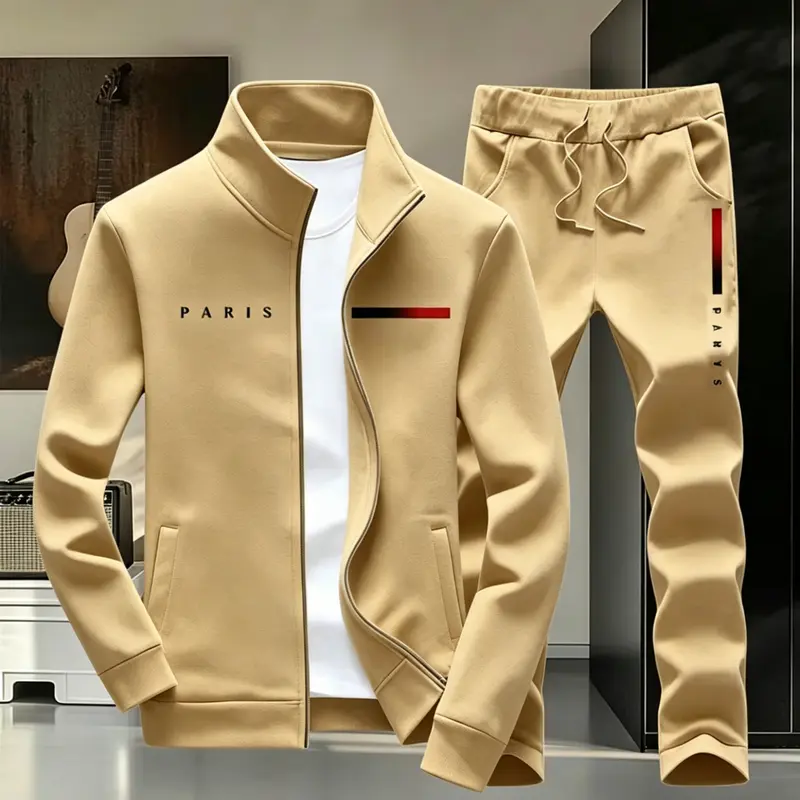 Men's Streetwear Tracksuit 2-Piece Set with PARIS Letter Print, Zip-Up Jacket and Jogger Pants tiktokshopspringglowup Menswear