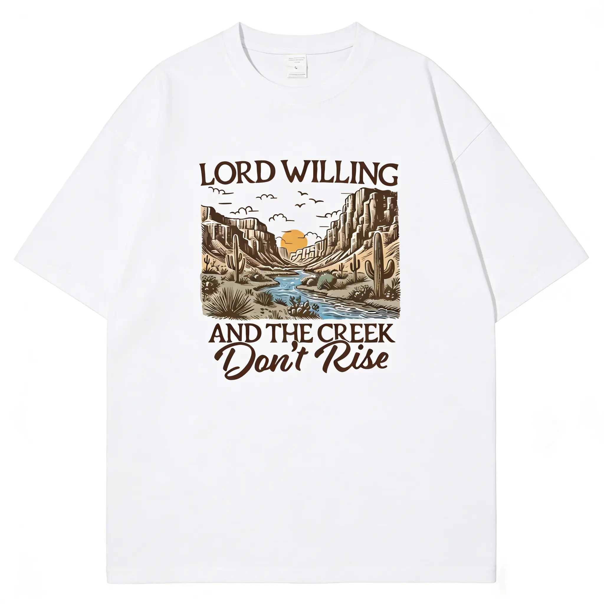 Western Christian Graphic T-Shirt, "Lord Willing And The Creek Don't Rise" Retro Patterns, Fashion Streetwear, Pure Cotton Breathable Fabric Casual Crewneck graphic  tee