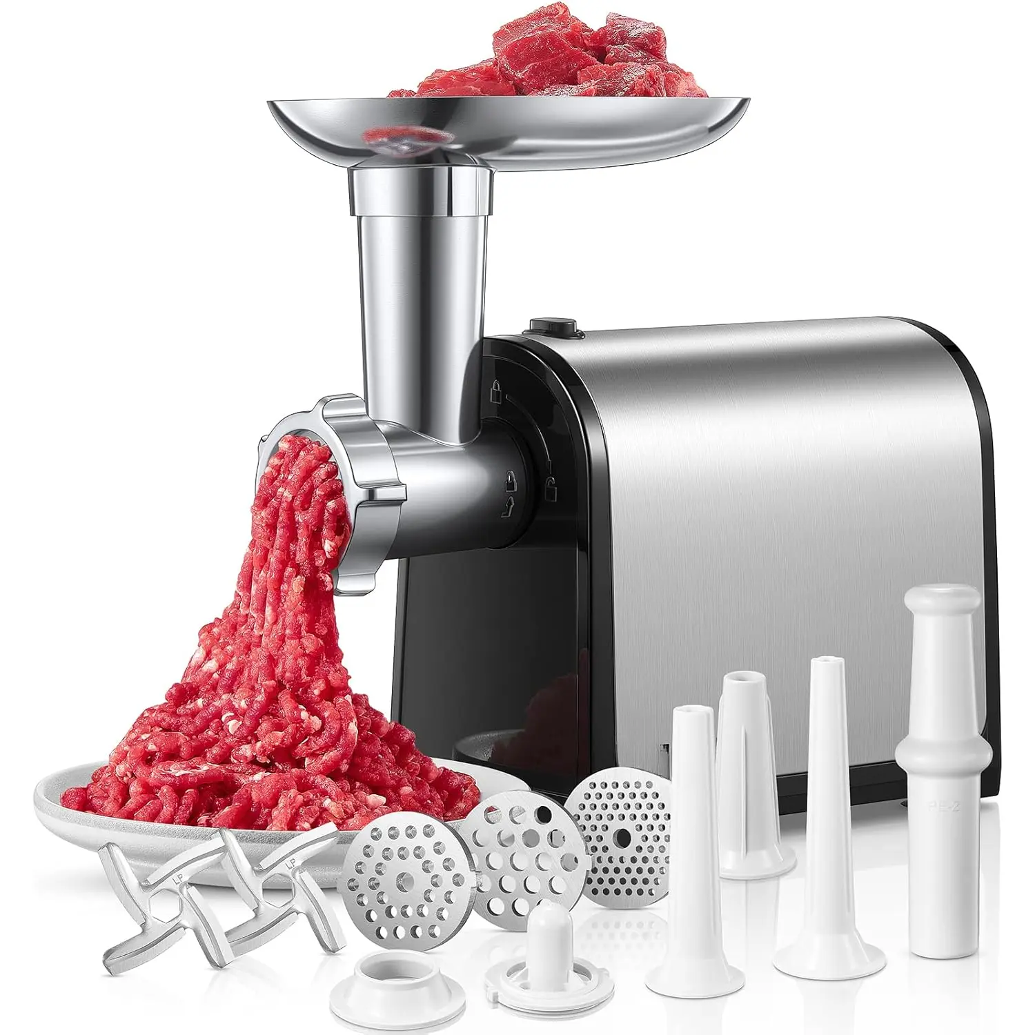 Stainless Steel Electric Meat Mincer & Sausage Maker (Black) - 3200W Max Heavy Duty, 3 Sausage Tubes, 2 & 3 Plates, for Home Kitchen Beef & Meat Processing