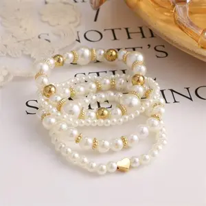 Layered Pearl Stretch Bracelets Set for Women Daisy Flower Heart Star Simulated Pearl Stackable Elastic Bracelets Chunky Beaded Ball Adjustable Multilayer Bangles Wedding Jewelry Gift
