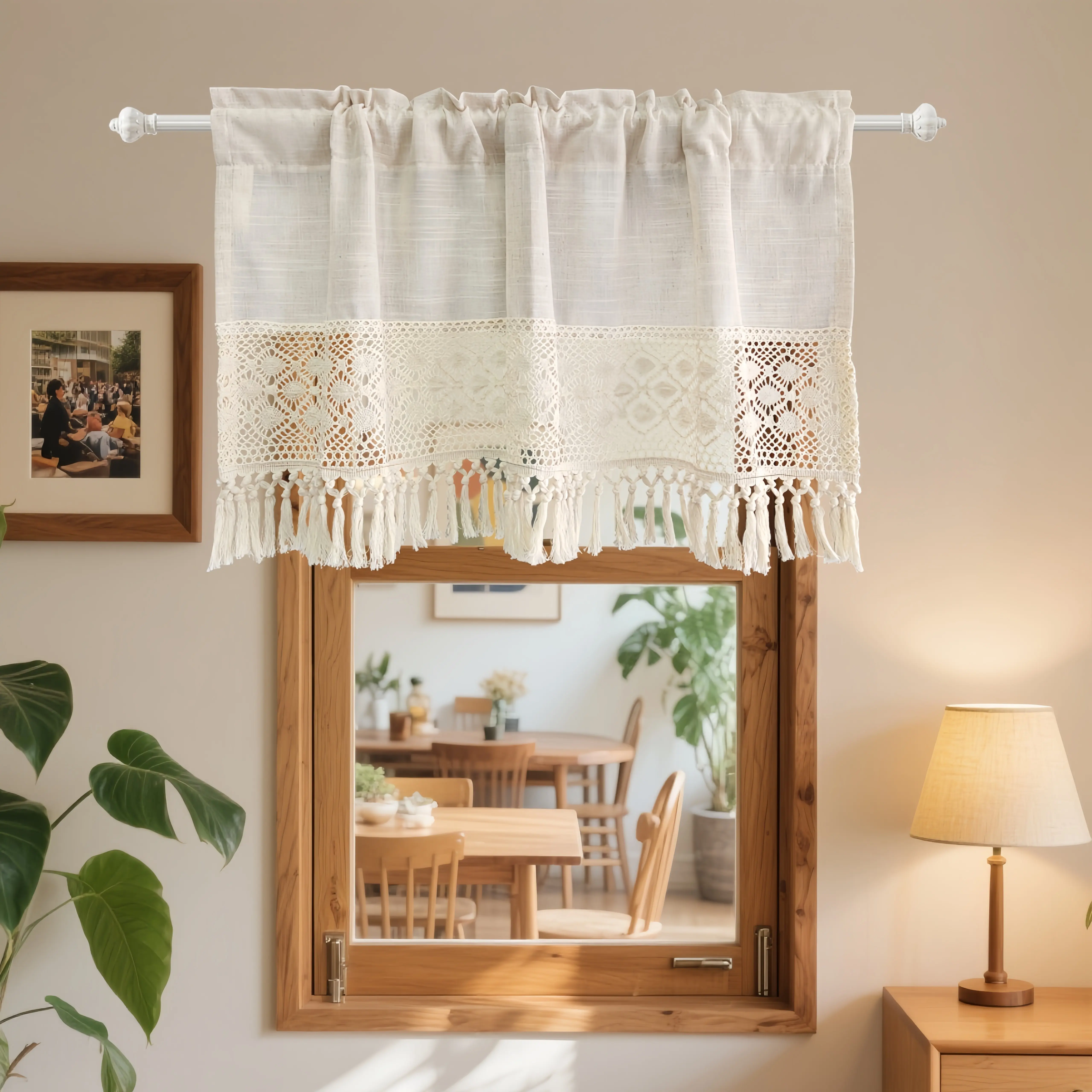 1 PC Boho Curtain Valance Crochet Kitchen Curtain for Small Windows Macrame Linen Sheer Valances with Tassels Vintage Farmhouse Beige Rustic Crochet Valance for Cafe Dining Room Rod Pocket