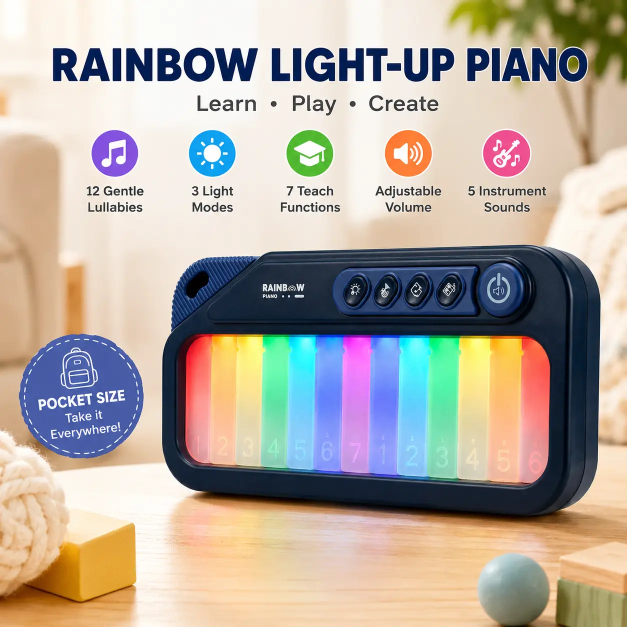 Unisex Pocket-Size Compact Colorful Light-Up Rainbow Piano (Pianos & Keyboards), Toddler Musical Learning Toy with Touch Keys, 5 Instrument Sounds, 12 Songs, 7 Teach Functions, Portable Travel Educational Gift for 1-6 Years Kids for Children Development