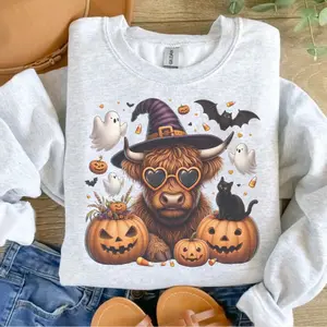 Halloween Highland Cow Sweatshirt - Ash Grey - Halloween Sweatshirt