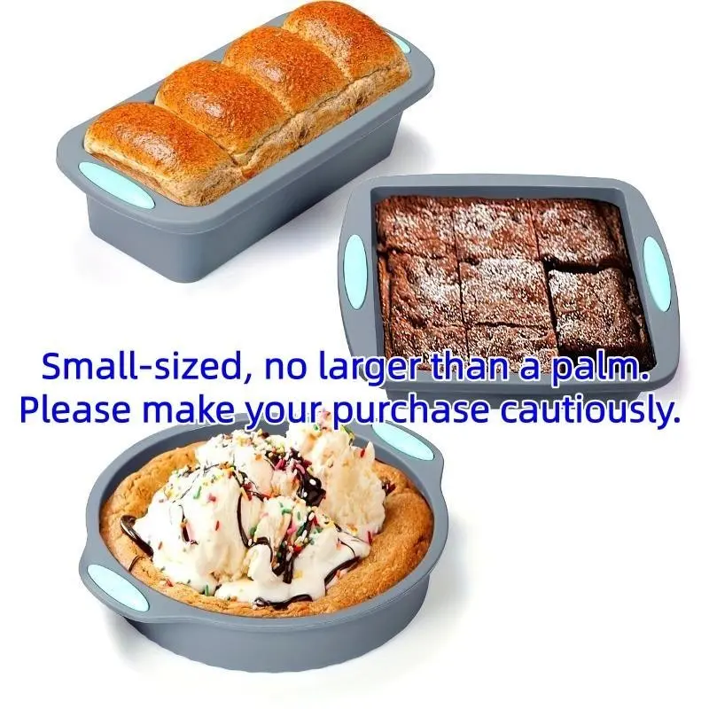 Small 3-Piece Silicone Oven Baking Set, Non-Stick Cake Pans, Round Square Bread Loaf Cookies Pizza Mini Cupcake Molds, 7.8 Inches