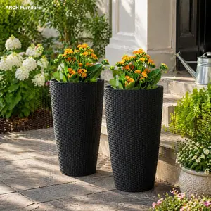 2-Piece 22-in Black Faux Rattan Tall Planters, Indoor/Outdoor Large Succulent Pots with Water Level Monitor, Inner Bucket & Automatic Watering for Garden, Patio, Succulent Pot Veggie Shaped Pots Sturdy Plastic Pot