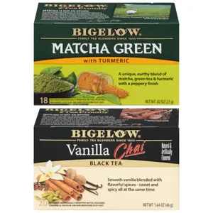 Bigelow Matcha Green Tea with Turmeric & Vanilla Chai Black Tea Duo Pack 2 Boxes Earthy Green Tea Blend Peppery Finish Sweet Spicy Flavor Variety