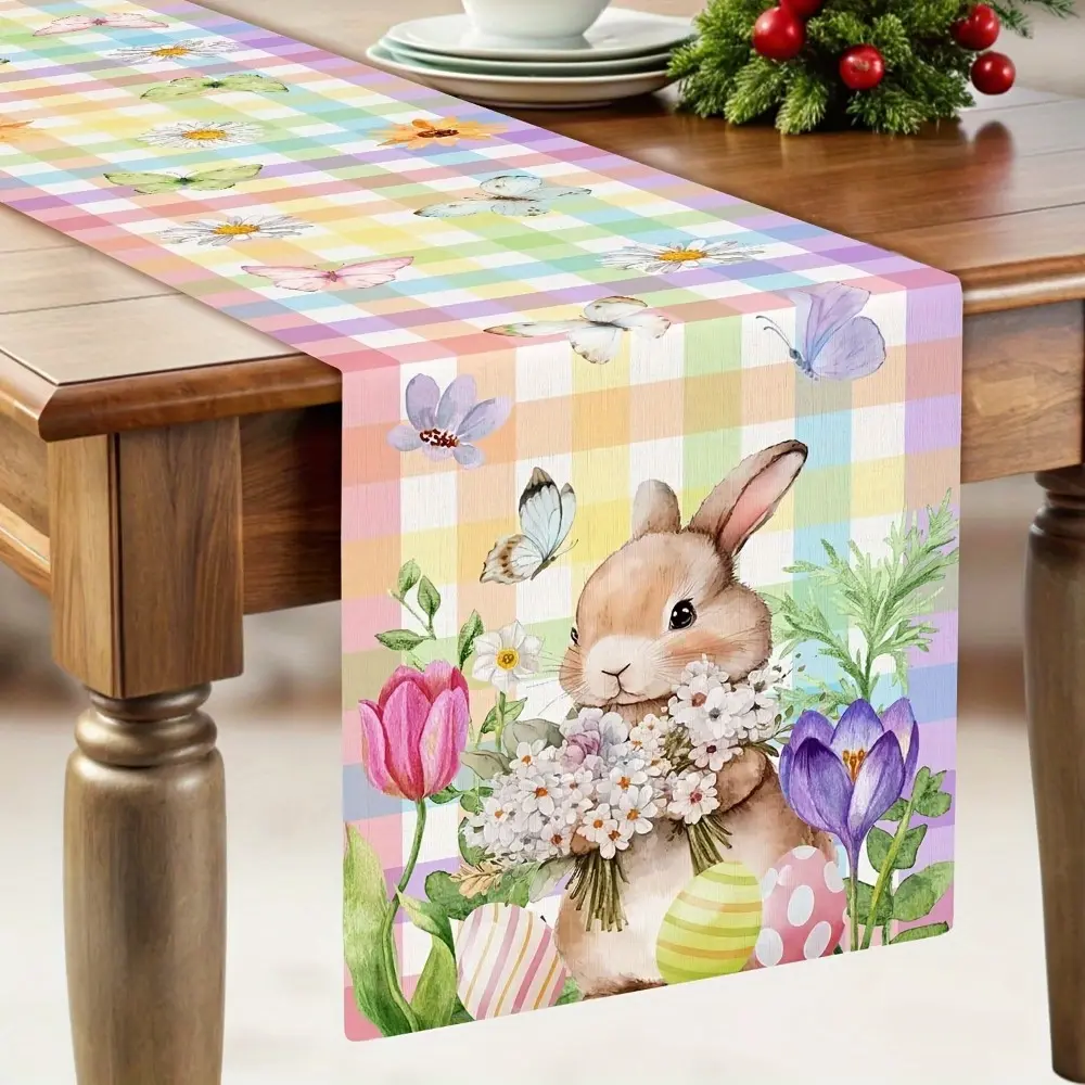 1pc Natural Linen Woven Texture Rectangular Buffalo Plaid Table Runner - 33x183cm/13x72in Easy-Clean Kitchen Linen, Farmhouse Home Decor with Easter Rainbow Bunny & Butterfly Design, 1-Piece Rustic Accent, One-Piece