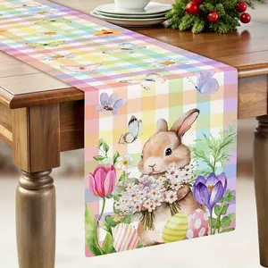 1pc Easter Rainbow Color Bunny & Butterfly Linen Table Runner - Farmhouse Spring Home Decor, Woven Rectangular Tabletop, 33*183cm/ 13*72in, Buffalo Plaid, Natural Linen, Easy-to-Clean