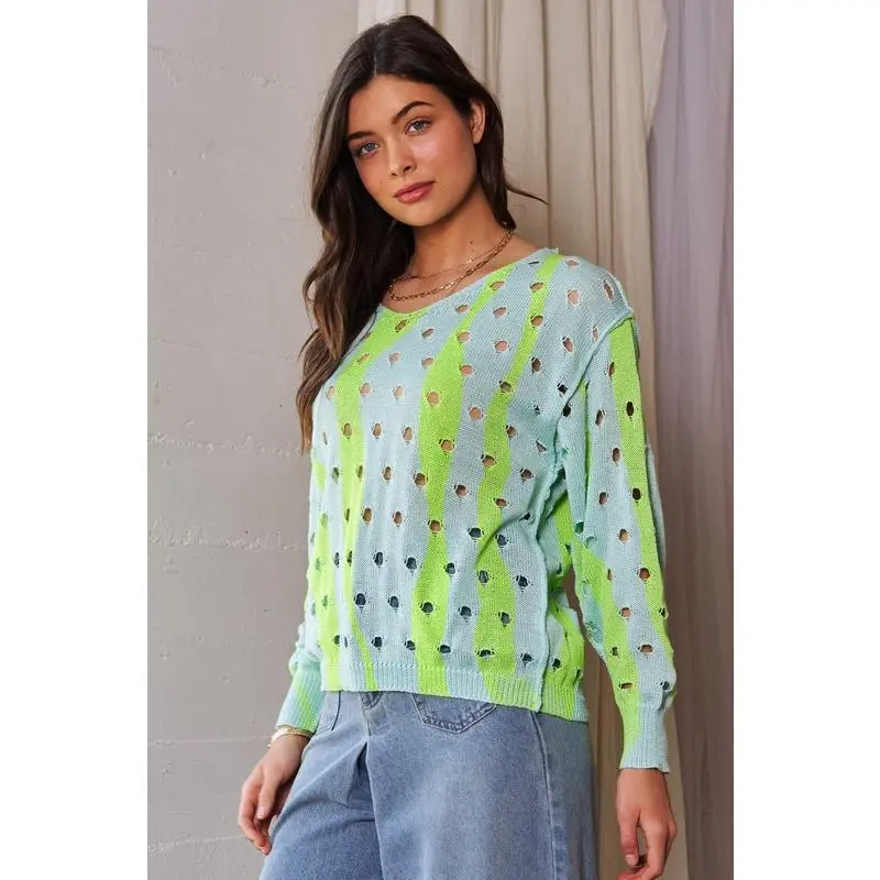 Davi & Dani Two-Tone Ribbed Hem Openwork Knit Top