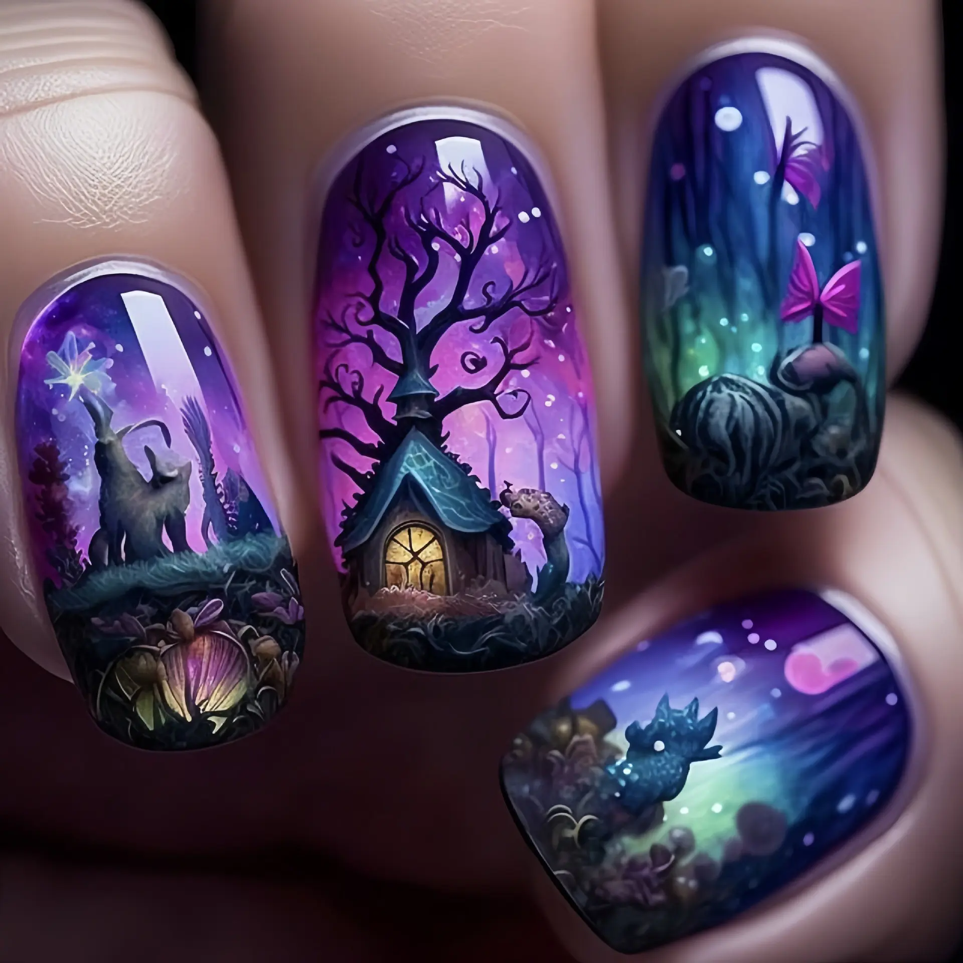 24pcs Wearable Nails, Mystical Fairy Tale DIY Nail Art, Fantasy Forest Long Square Fake Nails, European Style, Nail Art Supplies, Nail Art Products