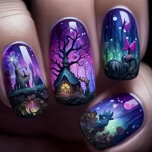 24pcs Wearable Nails, Mystical Fairy Tale Nail Art, Fantasy Forest Long Square Fake Nails, European Style