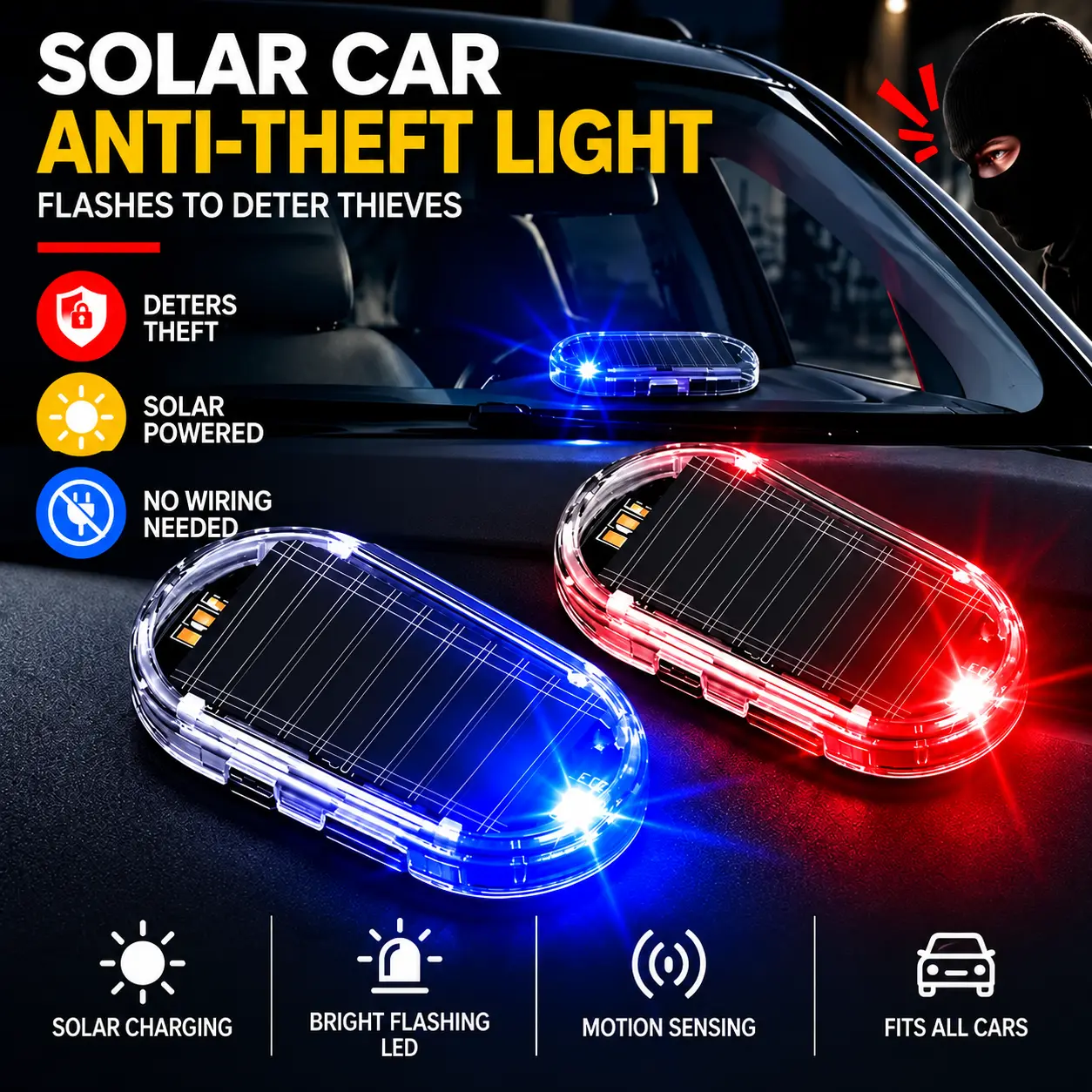 Solar Powered Fake Car Alarm Light, Auto Light Sensor LED Simulated Security Warning Flashing Light, No Wiring DIY Car Anti-Theft Dummy Alarm Lamp