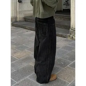 Men's Loose-Fit Denim Joggers, Mid-Waist Wide Leg Jeans with Side Stripes, Streetwear Hip Hop Vintage Style Casual Pants, Fashion Trouser