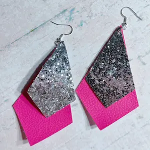 Silver Glitter & Pink Point Leather Earrings
