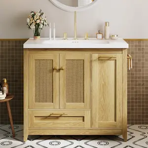 36" Bathroom Vanity with Ceramic Sink, Freestanding Storage Cabinet with Drawer and Tilt-Out Laundry Basket, Bathroom Storage Cabinet, Assembly Required, Natural #SummerVibes