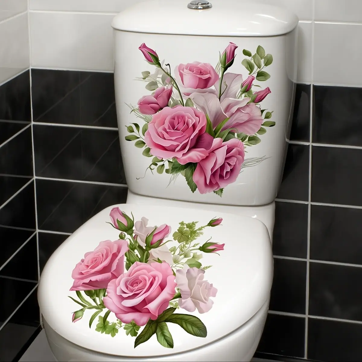 2pcs Rose Flower Cluster Stickers, Toilet Seat Cover Stickers, Bathroom Waterproof Self-Adhesive Installation Stickers, Bath Accessories, Toilet Lid, Bathroom Decoration Supplies
