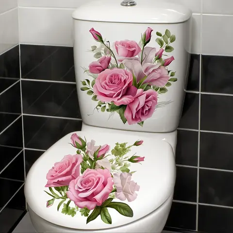2pcs Rose Flower Cluster Stickers, Toilet Seat Cover Stickers, Bathroom Waterproof Self-Adhesive Installation Stickers, Bath Accessories, Toilet Lid, Bathroom Decoration Supplies, Restroom Accessories