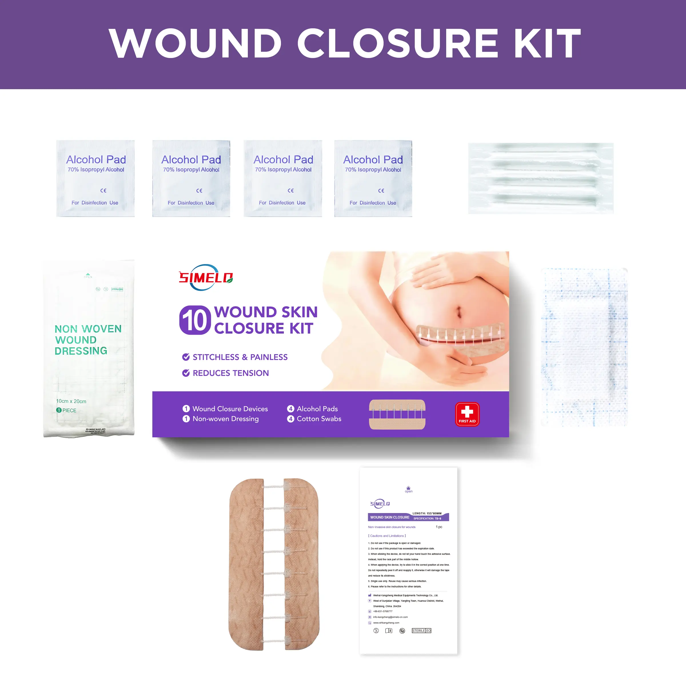SIMELO Professional Skin Closure Kit, 10-Piece Adjustable Zip Skin Closure Device with 8 Locks, Non-Stitch Support for Large Cuts, Surgical Incisions, Postpartum C-Section Recovery & Scar Protection, Home Recovery & First Aid Care Solution Healthcare