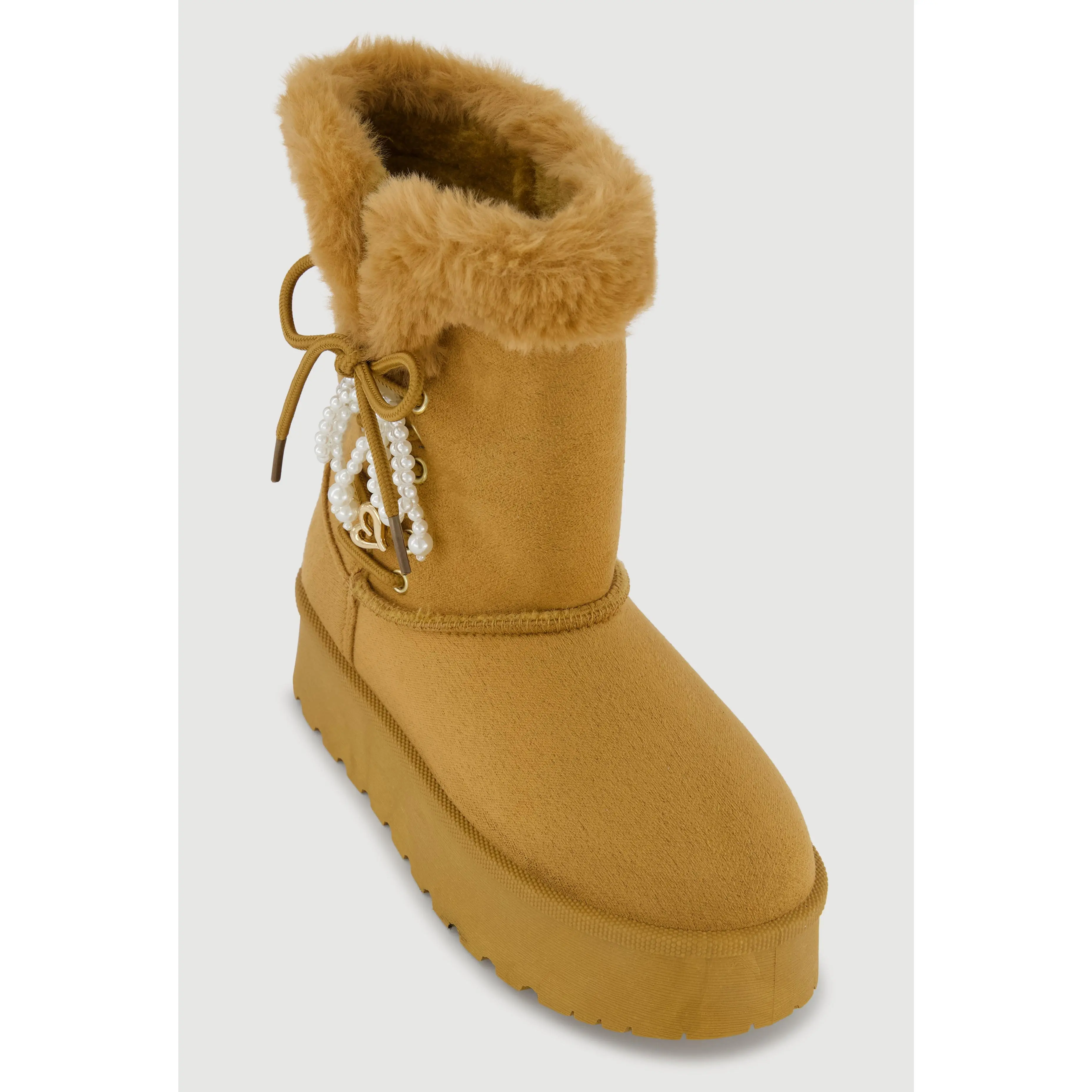 Faux Fur Lined Platform Booties with Faux Pearl Bow