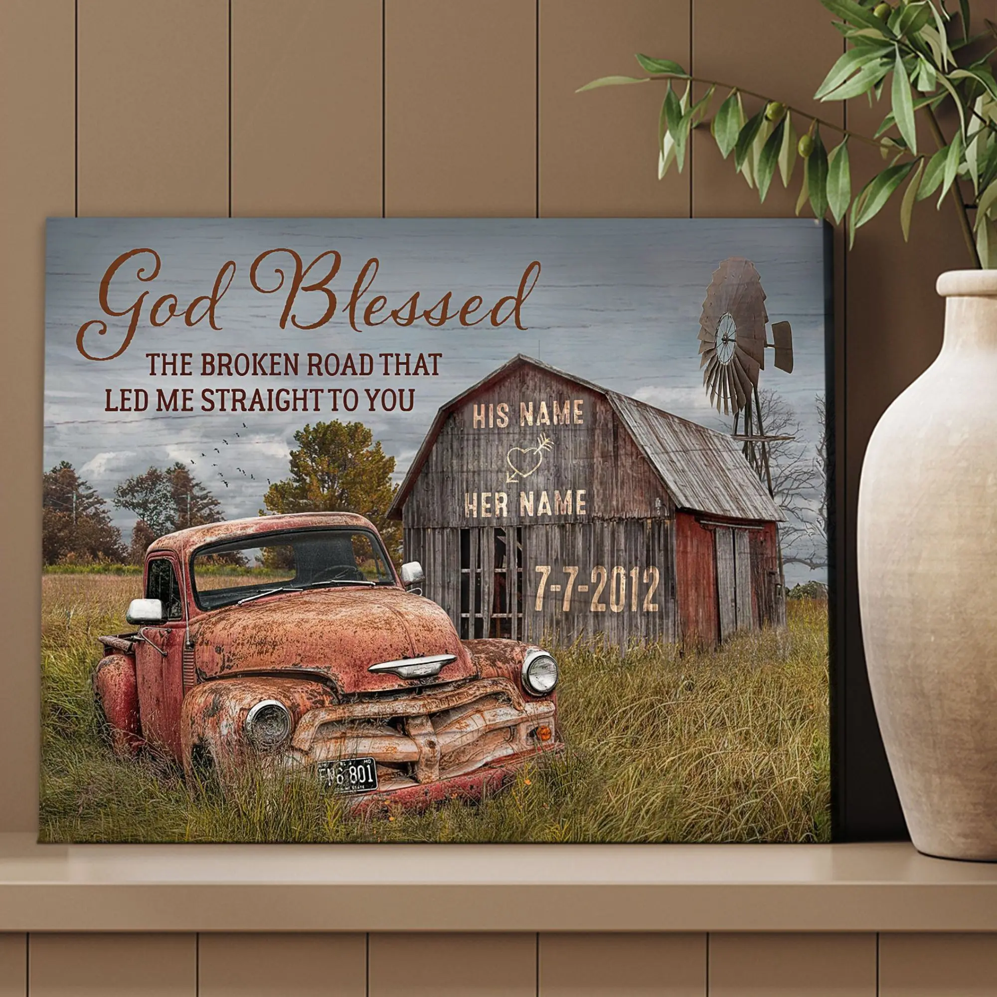 God Blessed The Broken Road Old Barn Vintage Car Personalized Canvas (1.5in frame) Ready To Hang, Wedding Anniversary Gift, Christmas Gift For Husband Wife, Vintage Rustic Farmhouse Home Decor, Xmas Gift For Him or Her