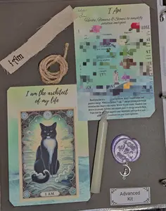 I Am (blank) Manifestation Advanced Charm Kit - Cotton Embroidery & Pewter Charm with Cat Tarot Bookmark for Spiritual Healing Practices