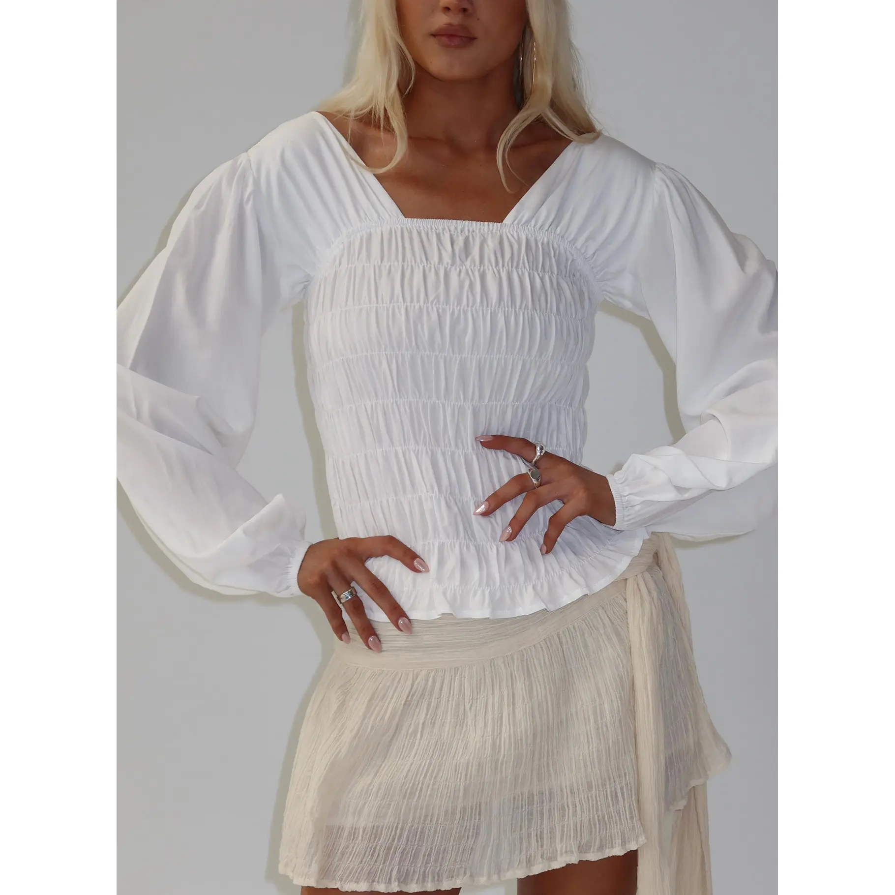 Lynnea Long Sleeve Shirred Top White