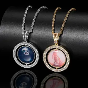 New Hip Hop Photo Frame Pendant  Creative Rotatable Hollow Small Double-Sided round Photo Pendant Jewelry Holiday Gift Hypoallergenic gldmen'schain