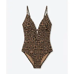 Geometric Print V-Neck One-Piece Swimsuit Chic Earth-Tone Monogram Monokini for Summer Luxury Quick-Dry Stretch Fabric Adjustable Straps