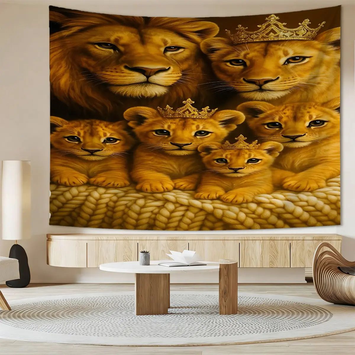 Royal Golden Crown Lion Family Tapestry, Soft Polyester Wall Hanging, Lightweight Photo Backdrop, Ideal for Luxury Wildlife Bedroom Decor, Living Room Feature Wall, Teen Dorm Room, Apartment, Regal Home Aesthetic Decor