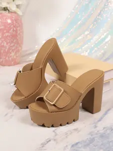 Women's Summer High Heel Sandals, Metal Buckle Chunky Sole, Waterproof Platform, Casual Textile Upper, Rubber Sole, Youthful Style