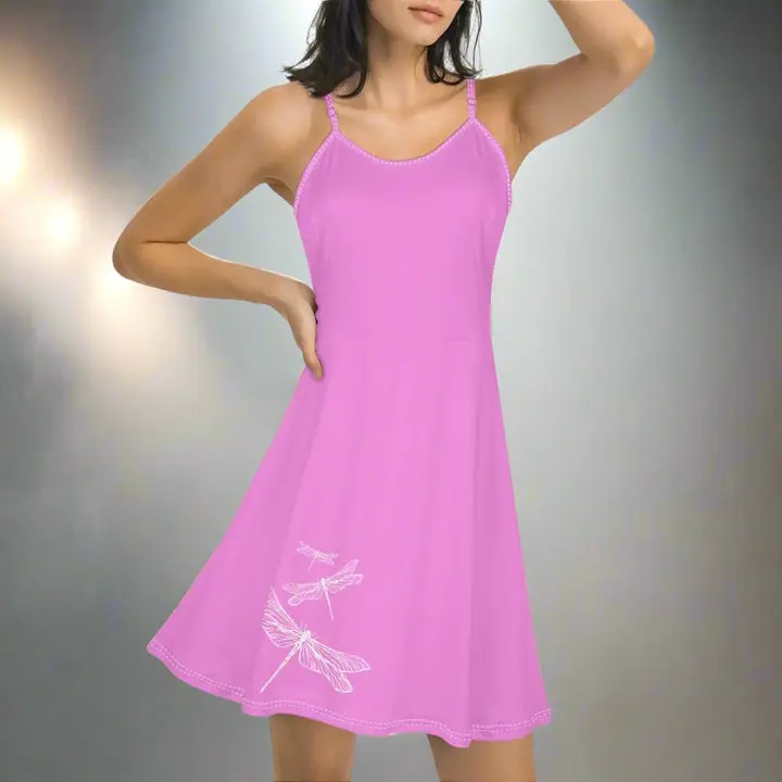 Women's Casual Adjustable Spaghetti Strap Sleeveless Dragonfly Print Minimalist Swing Dress - Elegant for Evening Wear, Elegance, Casual Wear, Comfortable, Lightweight, Soft