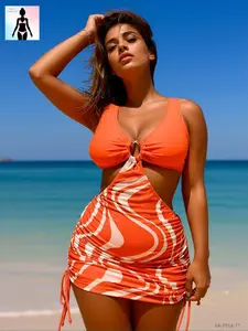 2026 Orange Abstract Print Bikini Set 2-Piece Swimsuit. Bottom with cutout V-neck, ruching, and side tie; flattering high-stretch opaque swimsuit. Plus Size Curve-Conscious Women’s Swimwear — Sexy, Chic, A Must for Spring Break, Summer Vacations, Beach &